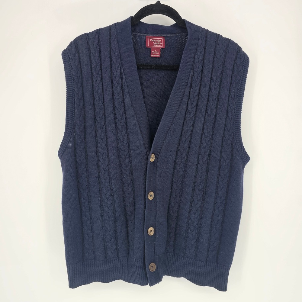 Cambridge Classics Cardigan Vest Mens Large Navy Blue Cable Knit Wool Blend USA
